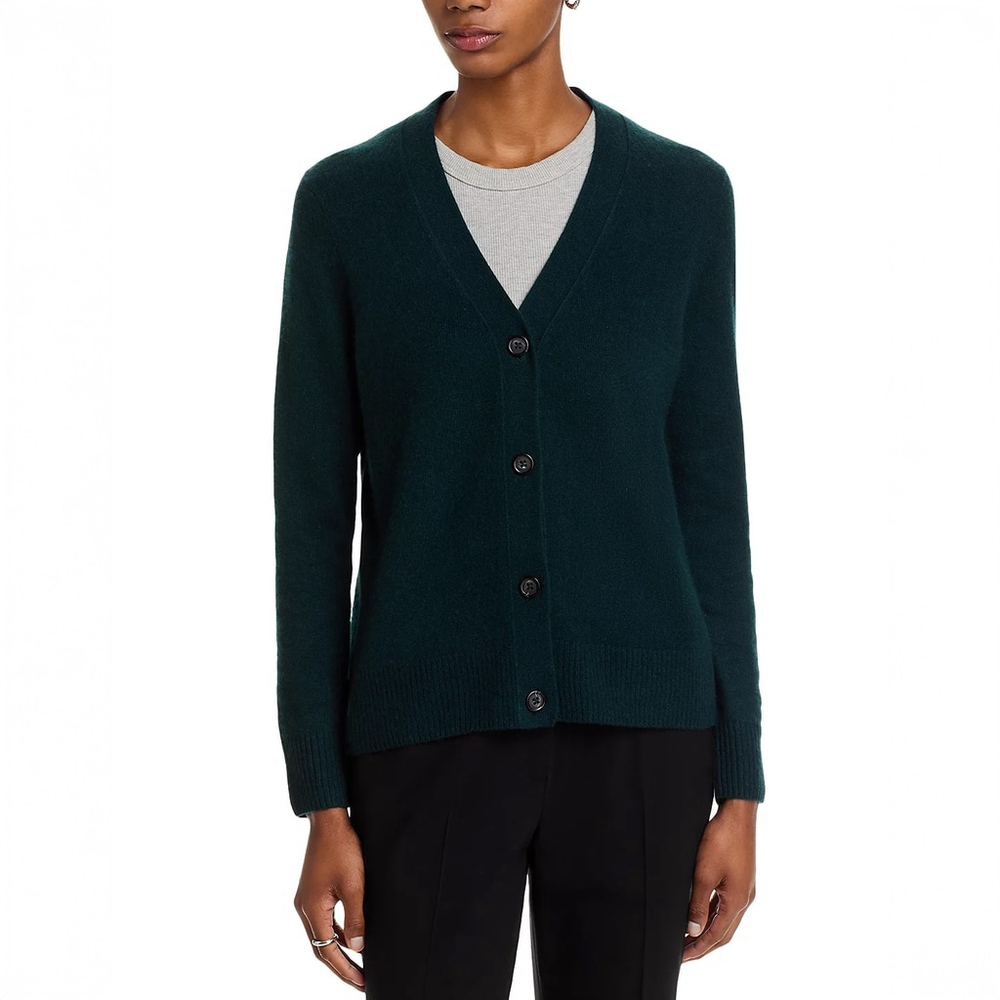 NWT C by Bloomingdale's 2-ply Cashmere V Neck Cardigan Green $178 - Size S (4-6) - Picture 4 of 7